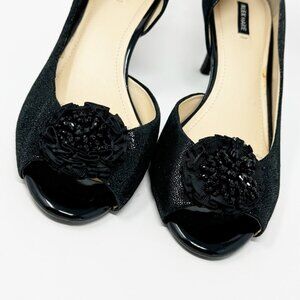 Alex Marie Womens Black Texture Leather Beaded Floral Formal Peptone Pump Sz 9.5